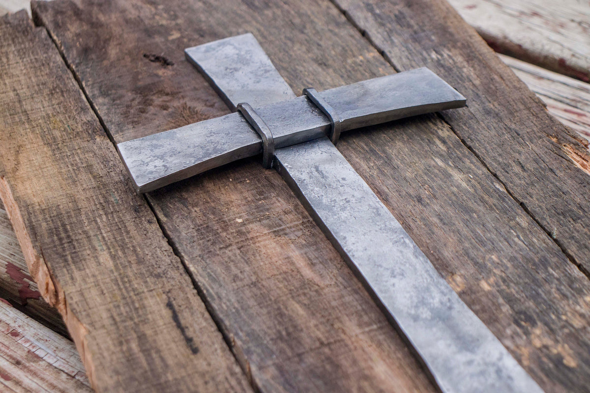 Made to order- Hand forged cross, sold mounted on a cherry frame