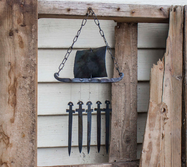 Viking / Scandinavian longship langskip hand forged wind chime with viking swords